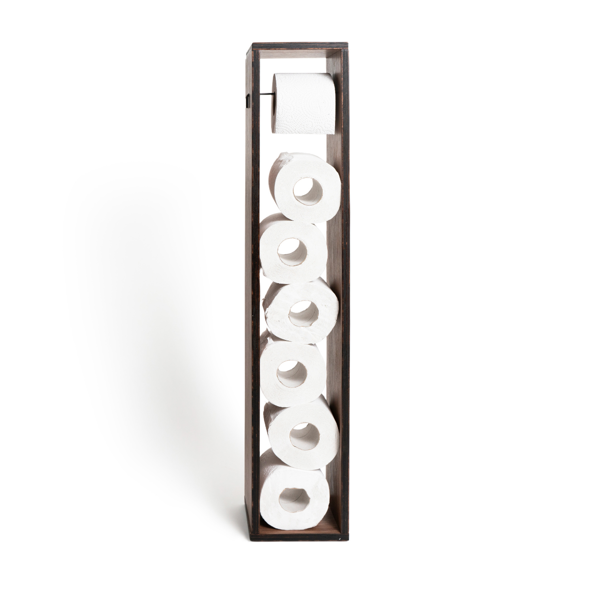 Vertical toilet paper holder made from dark-stained walnut veneer with an open design, storing five rolls of toilet paper vertically and featuring a roll mounted at the top for easy access.